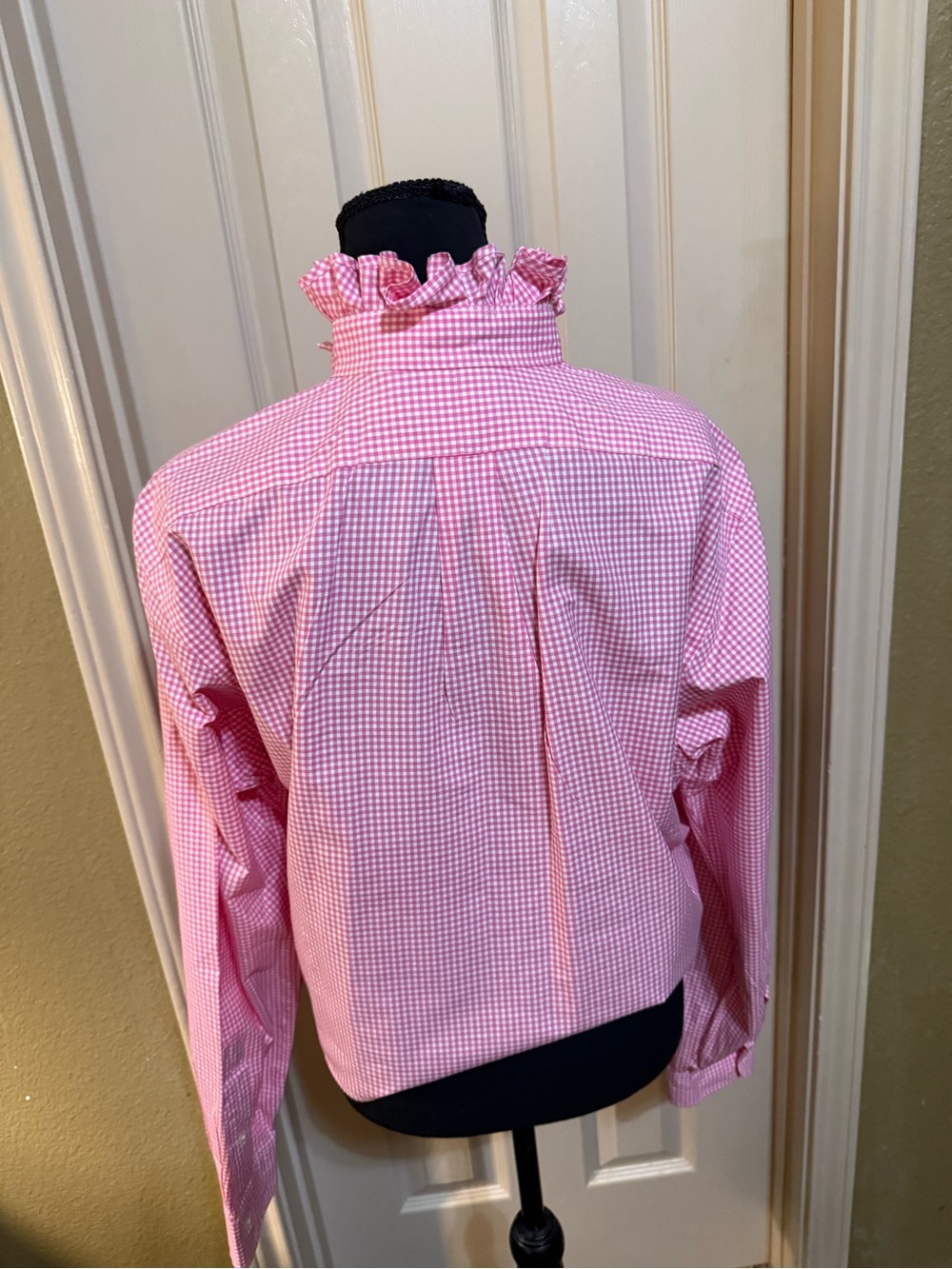 Upcycled Ralph Lauren Pink Gingham Ruffle Collar Button-Down Shirt - Picture 3 of 9
